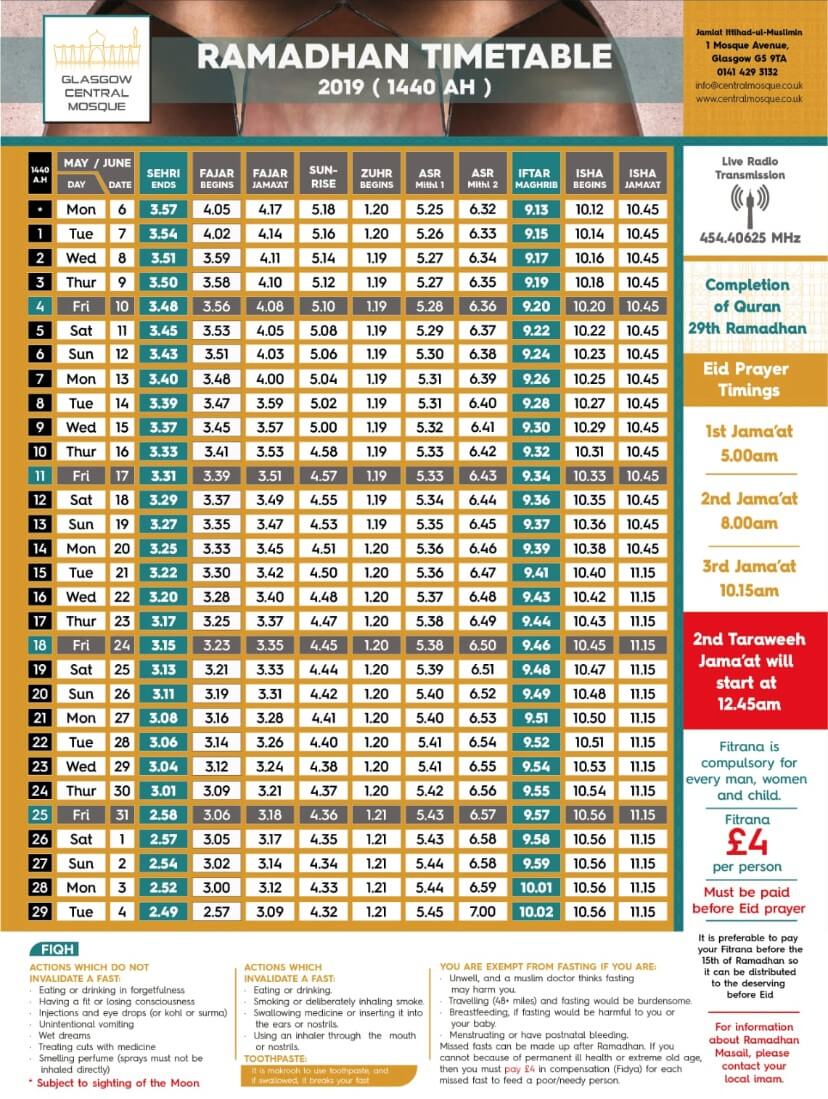 Ramadan timetable 2019